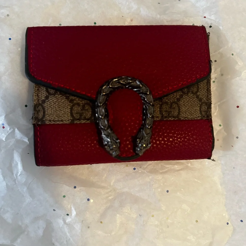 REPURPOSEGucci Red and Brown Leather Wallet with Silver-Tone Tiger Head Hardware - Picture 2 of 7